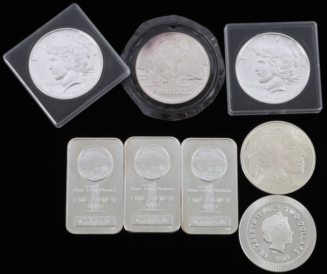 8 .999 FINE SILVER BULLION BAR & ROUND 1 OZT LOT: All electronically tested, various refineries. This lot reserved at melt.