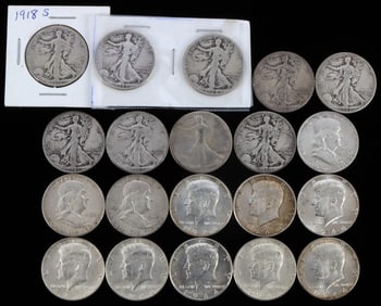 $10 FACE 90% SILVER HALF DOLLARS W 1918 S WALKER