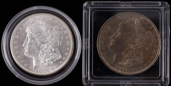BU 1882 S & UNC 1889 MORGAN SILVER DOLLAR COINS
