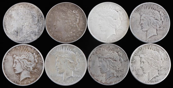 LOT OF 8 COINS 6 SILVER PEACE & 2 MORGAN DOLLARS