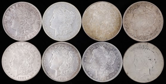 LOT OF 8 MORGAN AND PEACE SILVER DOLLARS 90%
