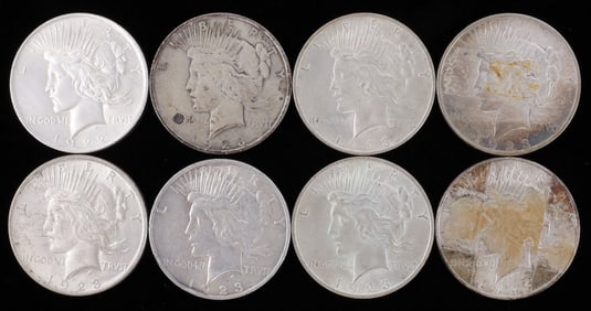 LOT OF 8 PEACE SILVER DOLLARS 90%