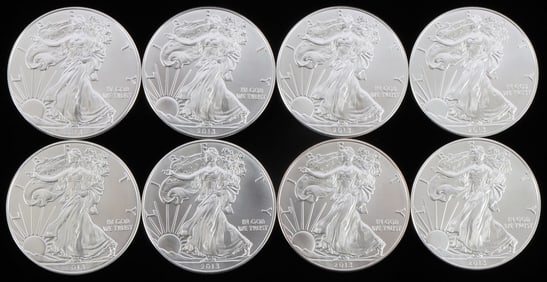 LOT OF 8 ONE OUNCE 999 2013 AMERICAN SILVER EAGLES