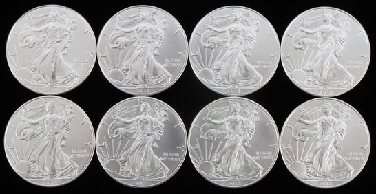 LOT OF 8 ONE OUNCE 999 2013 AMERICAN SILVER EAGLES