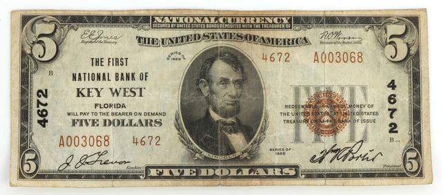 NATIONAL BANK NOTE $5 TYPE 2 KEY WEST FNB