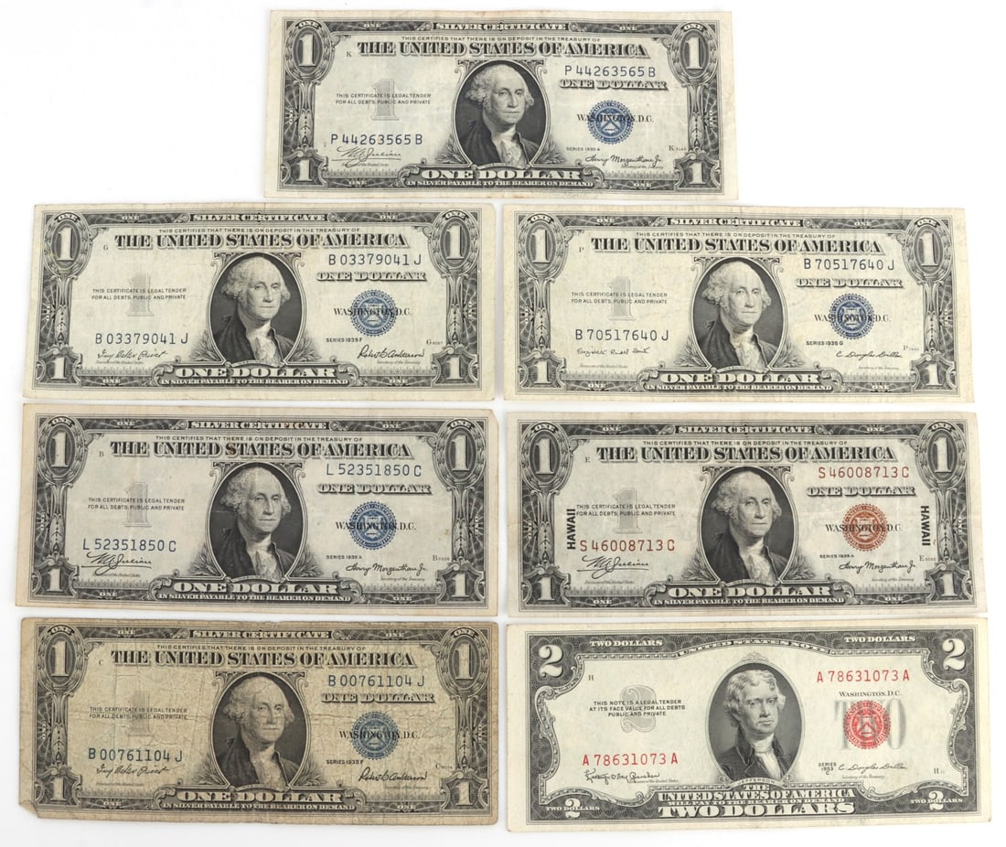 LOT $2.00 U.S. BANKNOTE HAWAII SILVER CERTIFICATE: The Hawaii is a crisp VF or better, it is creased but not heavily. The 1953 $2.00 bill is a crisp AU, the silver certificates range from VG to AU and are all 1935.