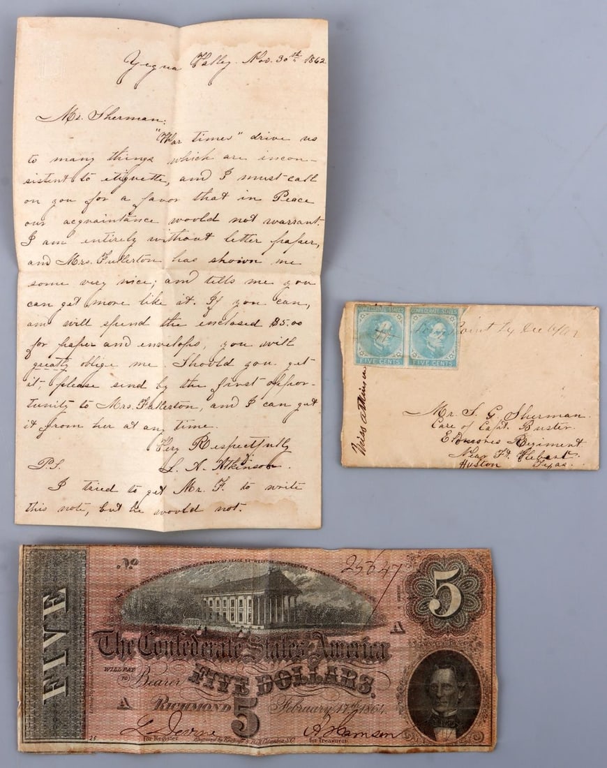 CONFEDERATE TEXAS LETTER & COVER W BANKNOTE: Letter to S.G. Sherman stationed in Houston, from L.A. Wilkinson a woman who asks Mr. Sherman to acquire her some letter writing supplies and encloses a CSA $5.00 bank note which is included. It opens