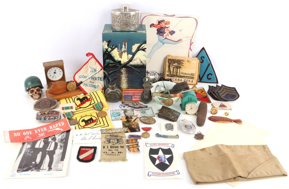 MILITARY & ANTIQUE LOT TIFFANY POLITICAL SQUADRON: Includes working battery operated Tiffany & Co brass desk clock, Cow Fish Cross pen holder, pen needs refill, has what appears to be Map of Anguilla, Goldwater pot holder, 6 X 9 X 4 inch hand-painted 