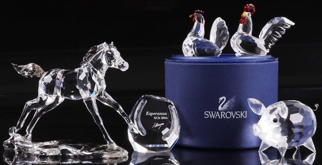 LOT OF 4 SWAROVSKI CRYSTAL BARNYARD ANIMALS: Lot of FOUR (4) Swarovski Crystal animals. 1) "Esperanza", a horse made for the Swarovski Crystal Society as an exclusive purchase. Comes with crystal signage. 2) "Pig", medium. 3) "Cockerel". 4) "Hen
