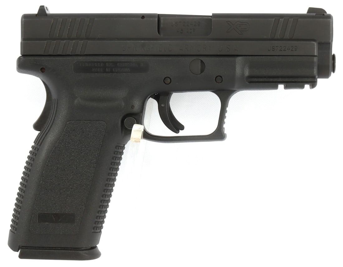 SPRINGFIELD ARMORY XD-45 .45 ACP SEMI AUTO PISTOL: Springfield Armory XD-45 semi-automatic pistol. Includes three (3) 13-round magazines, speed loader, magazine pouch, holster and hard case. Very good condition. Mechanically fine, functions without is