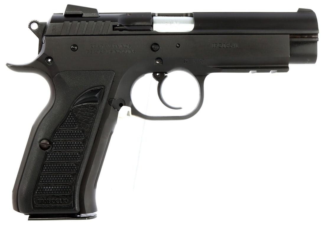 TANFOGLIO DEFIANT COMBAT ALL STEEL 9MM PISTOL NIB: New in box. Tanfoglio Defiant Combat semi-automatic DA/SA pistol. Full-size handgun made in Italy and patterned on the Czech CZ-75. All-steel frame and slide, 4.4-inch barrel and frame-mounted manual 