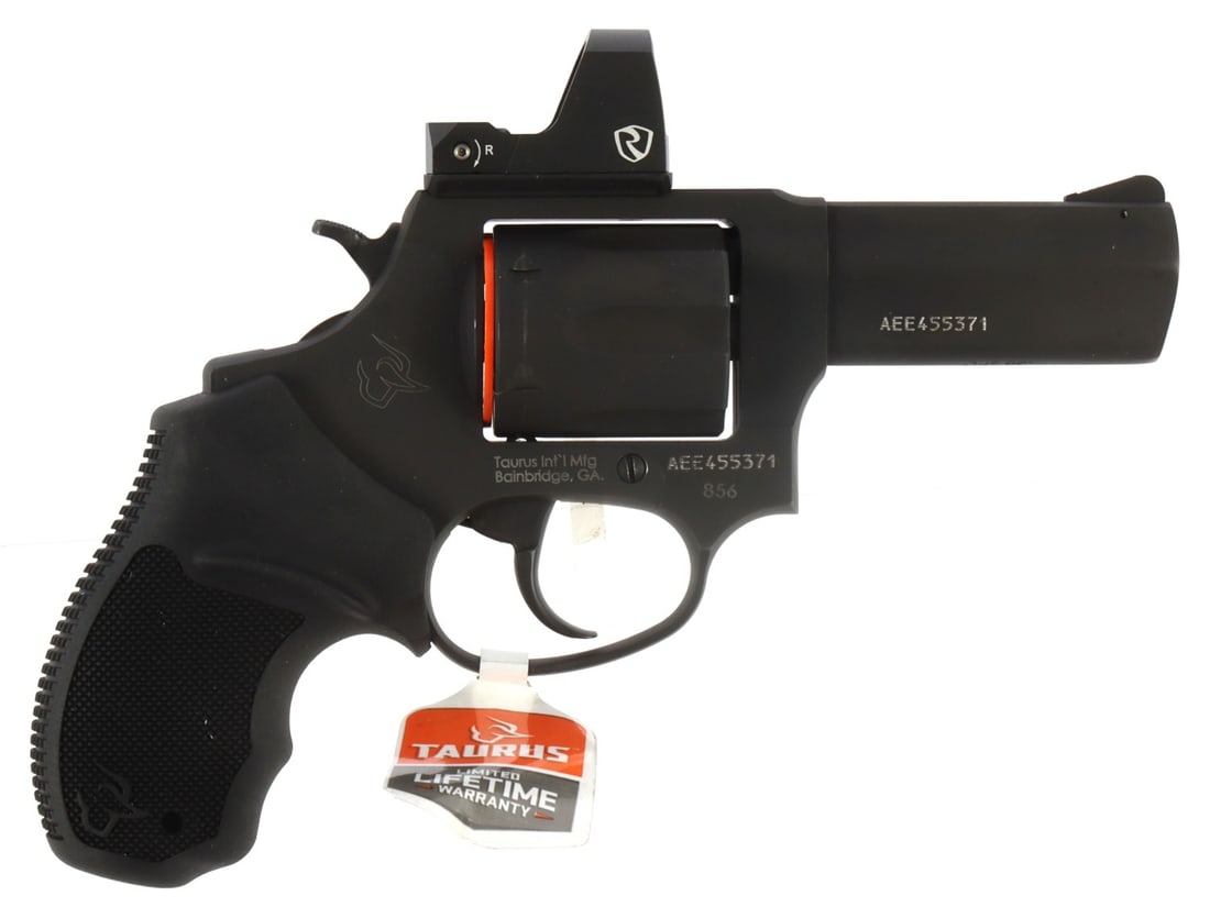 TAURUS DEFENDER 856 RED DOT REVOLVER .38 SPL NIB: New in box. Taurus Defender 856 TORO double-action revolver with Riton red dot optic preinstalled. Steel frame, 3-inch barrel, 6-round capacity. Compatible with all compact red dot sights on the Holos