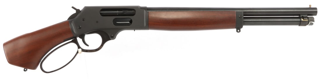 HENRY STEEL AXE 410 LEVER ACTION MARES LEG SHOTGUN: Henry Steel Axe side gate lever-action shotgun, .410 bore, 2-1/2 inch chamber. 15.14-inch barrel, internally threaded for Invector style chokes (full choke installed). Capacity 5 rounds. Walnut pistol