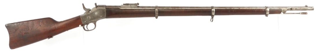 ARGENTINE MODEL 1879 REMINGTON ROLLING BLOCK RIFLE: Argentine Model 1879 Remington Rolling Block breech-loading military rifle with cleaning rod. Round 36-inch barrel with bayonet lug and three barrel bands, each marked "U." Fixed blade front sight and