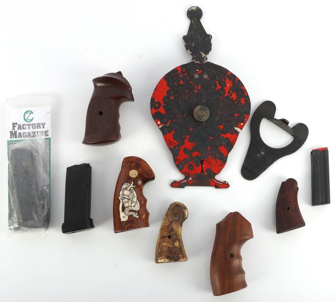 COLT SNAKE INLAY GRIPS MAGAZINES & OTHERS: Appear to be Colt Snake series inlay, 4 other grips and 3 magazines and a useable clown target. All others are in very good, original condition. Inlay grips are believed to be bone.