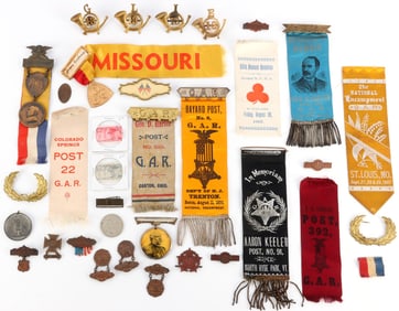 34 US CIVIL WAR GRAND ARMY BADGES RIBBONS & STAMPS