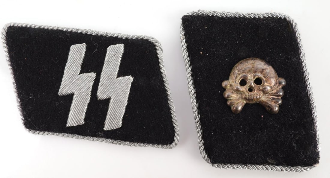 WWII GERMAN REICH SS TOTENKOPF SKULL COLLAR TABS: Pair of WWII German Reich SS Totenkopf skull type-1 collar tabs. Tabs feature bullion silver piping to both, SS runes to one, and a metal Totenkopf Skull badge to the other. No visible marking to skul