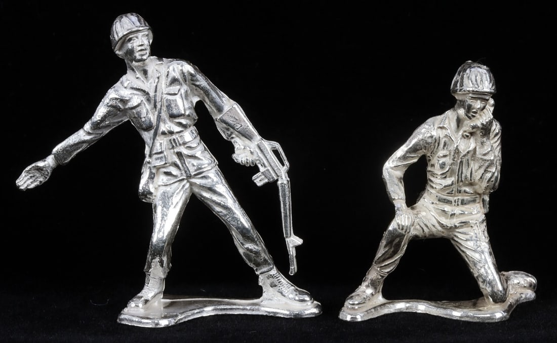 LOT 2 999 FINE SILVER SOLDIER RADIOMAN & FOLLOW ME: Lot of TWO (2). Each 1 OZT fine silver. Very unique. Boxed "as issued." This lot reserved at melt.