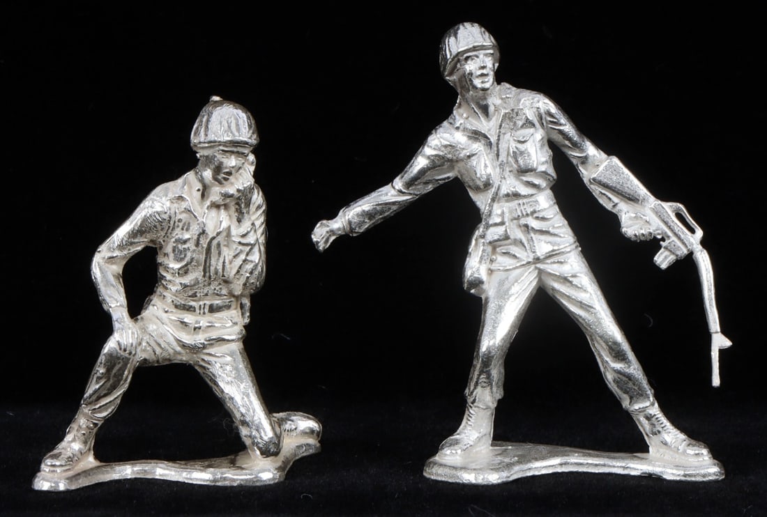 LOT 2 999 FINE SILVER SOLDIER RADIOMAN & FOLLOW ME: Lot of TWO (2). Each weighs 1 OZ T ounce in bullion and boxed as issued. Highly detailed and unique. This lot reserved at melt.