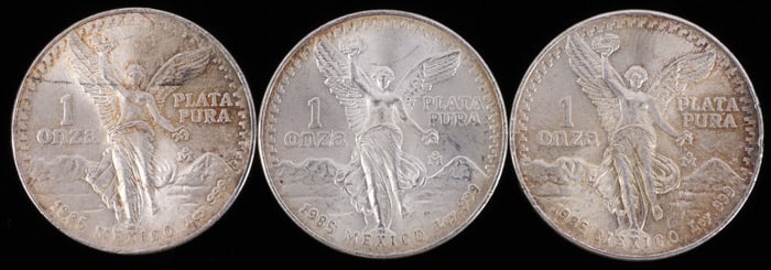 LOT OF 3 1 OZT SILVER ROUNDS MEXICO 1985