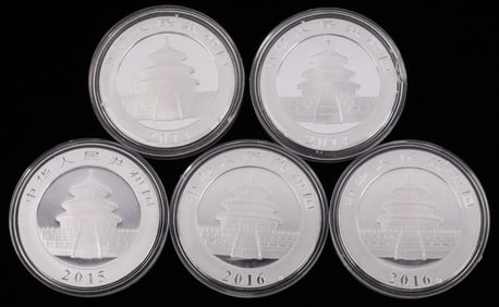 LOT OF 5 1 OZT SILVER ROUNDS FORBIDDEN CITY PANDA