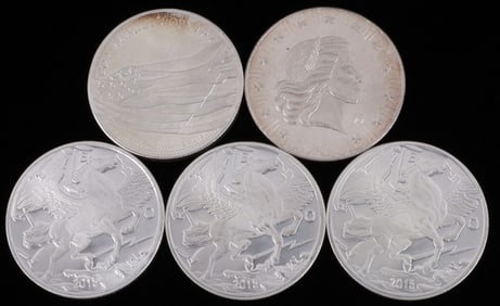 LOT OF 5 1 OZT SILVER ROUNDS MIXED DESIGN