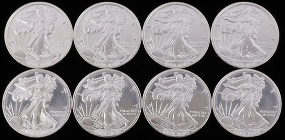 LOT OF 8 SILVER BULLION 1 OZT ROUNDS LIBERTY