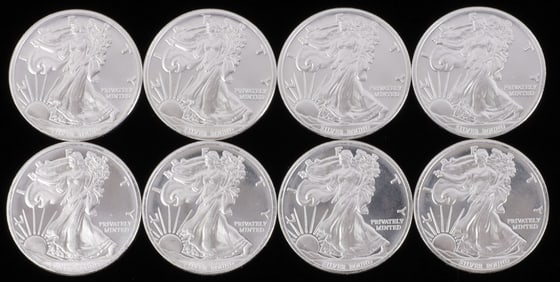 LOT OF 8 SILVER BULLION 1 OZT ROUNDS LIBERTY