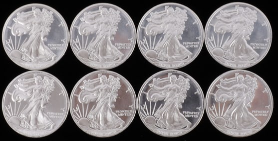 LOT OF 8 SILVER BULLION 1 OZT ROUNDS LIBERTY