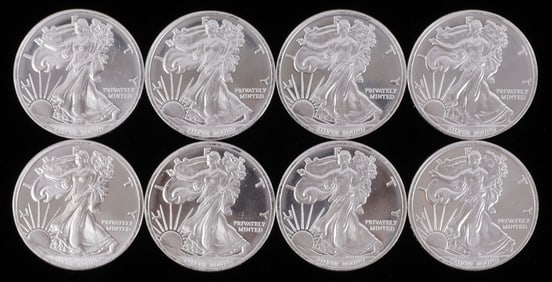 LOT OF 8 SILVER BULLION 1 OZT ROUNDS LIBERTY