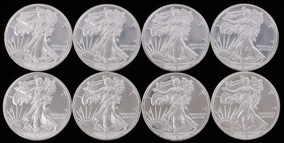 LOT OF 8 SILVER BULLION 1 OZT ROUNDS LIBERTY