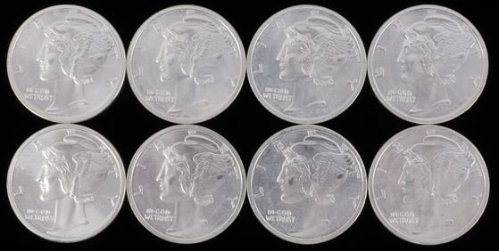 LOT OF 8 SILVER BULLION 1 OZT ROUNDS MERCURY DIME
