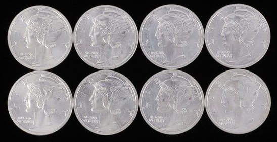 LOT OF 8 SILVER BULLION 1 OZT ROUNDS MERCURY DIME