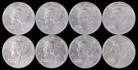 LOT OF 8 SILVER BULLION 1 OZT ROUNDS MERCURY DIME