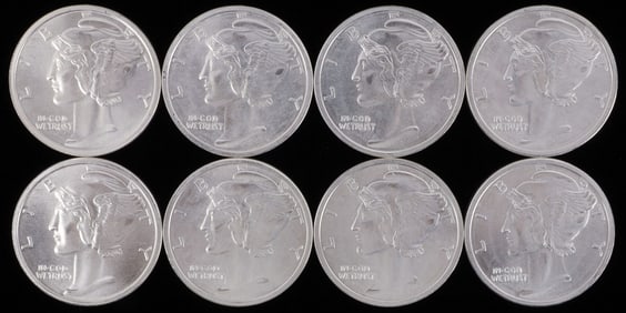 LOT OF 8 SILVER BULLION 1 OZT ROUNDS MERCURY DIME