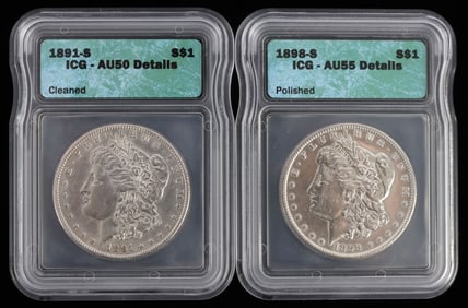 1891 S AU50 1898 S AU55 MORGAN SILVER DOLLAR COINS