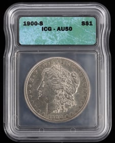 1900 S AU50 MORGAN SILVER DOLLAR COIN