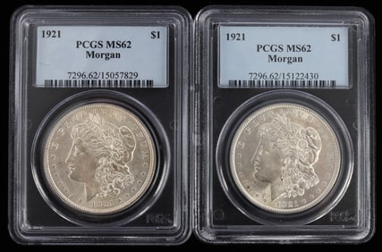 LOT OF 2 1921 PCGS MS62 MORGAN SILVER DOLLAR COINS