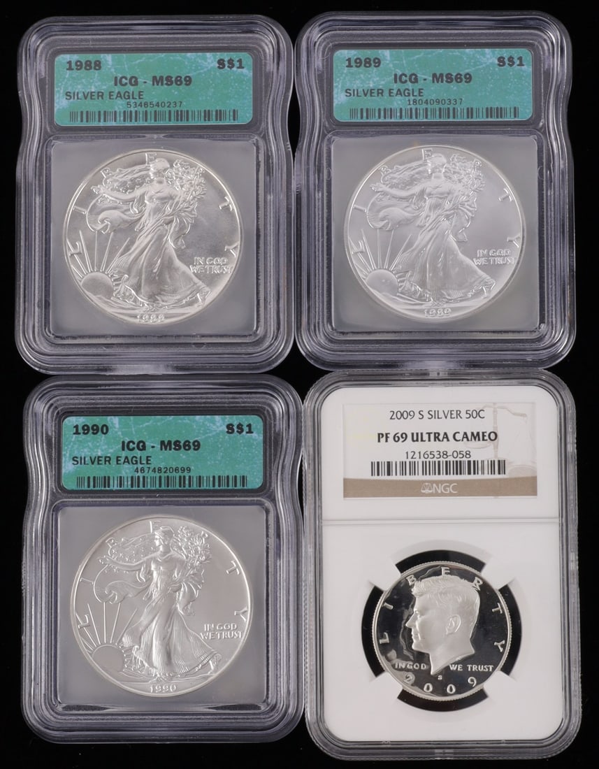 LOT OF 4 SILVER COINS AMERICAN EAGLE AND KENNEDY: ICG graded American eagles with dates 1988, 89, and 90. Also included is a 2009 S Silver 50c NGC graded PF 69 Ultra Cameo. This lot reserved at melt.