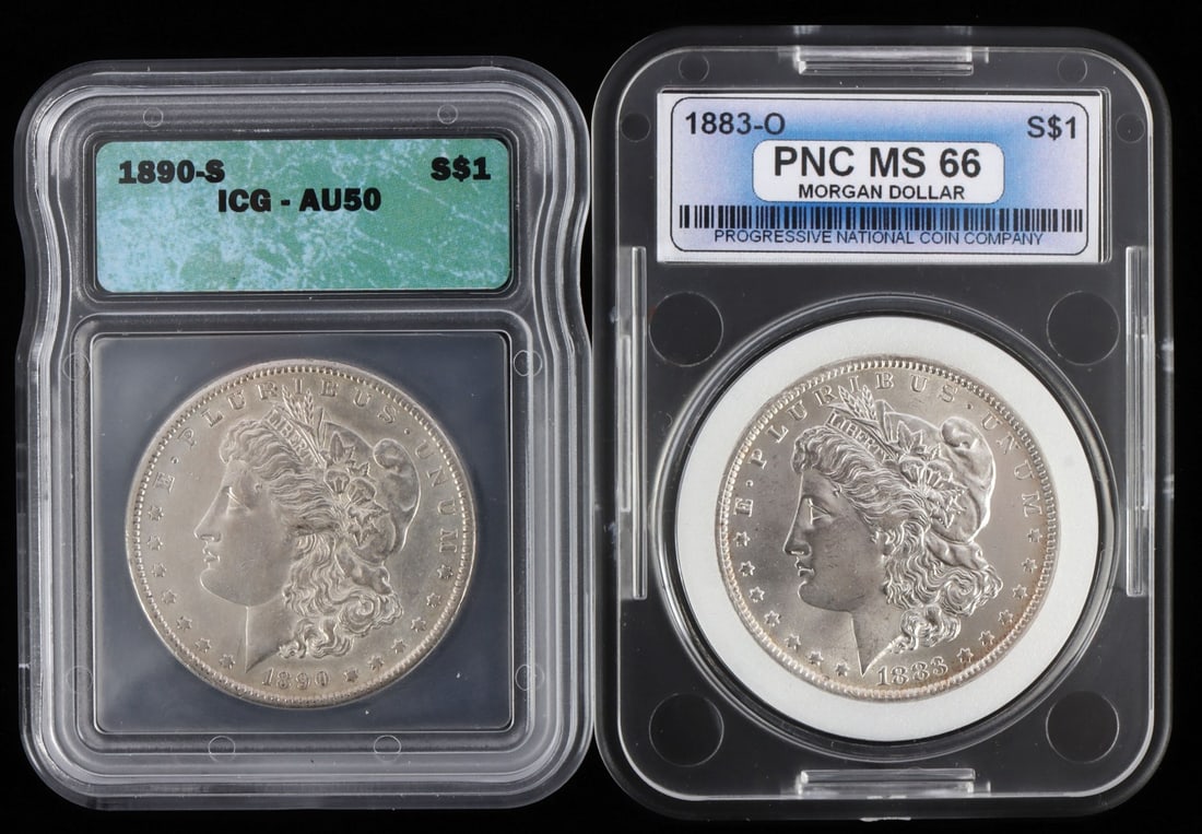 MORGAN DOLLAR COINS 1883 OMMS 66 1890 S AU50: 1883 O IS PNC Encapsulated, 1890 S is ICG AU 50.
