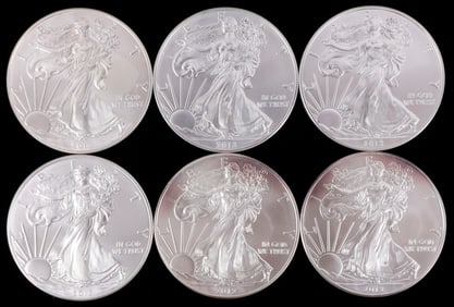 LOT OF 6 ONE OZ 2012 & 2013 AMERICAN SILVER EAGLES