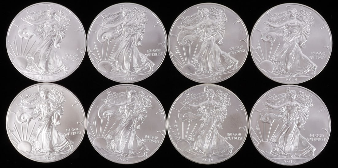 8 SILVER AMERICAN EAGLE 1 OZT OUNCE BU COINS: Lot of EIGHT (8). All brilliant uncirculated. This lot reserved at melt.