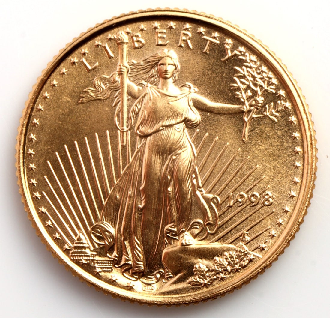 1998 GOLD 1/10 OZT OUNCE AMERICAN EAGLE BU COIN: Brilliant uncirculated. This lot reserved at melt.