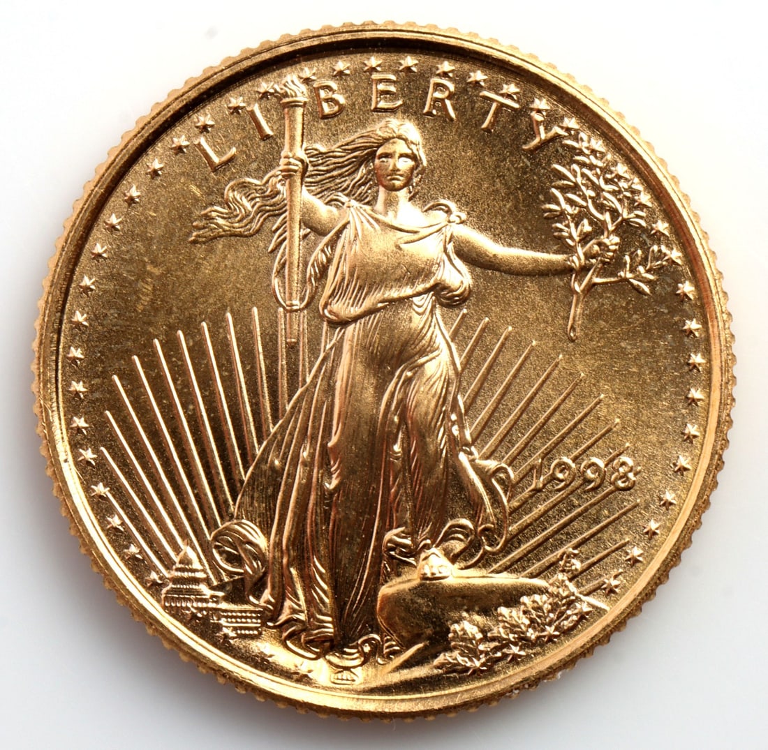 1998 GOLD 1/10 OZT OUNCE AMERICAN EAGLE BU COIN: Brilliant uncirculated. This lot reserved at melt.