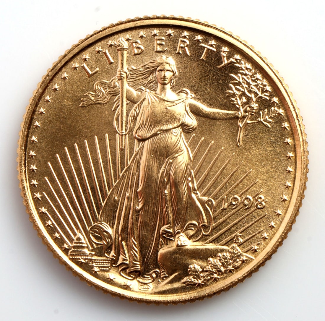 1998 GOLD 1/10 OZT OUNCE AMERICAN EAGLE BU COIN: Brilliant uncirculated. This lot reserved at melt.