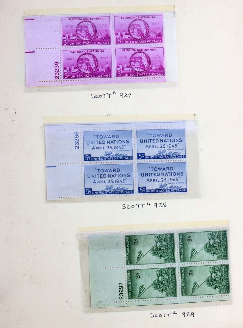 ALBUM OF OVER 100 4 STAMP PLATE BLOCK COLLECTION: Includes Scott's 927 to 997, 593, 582, 587, C35, C50, C57, C63, C69, C70, C72, C74, C76, C78, C81,M 1286 A, 1291 1292, 1293. All mint, non-hinged, full gum. This lot has a reserve.