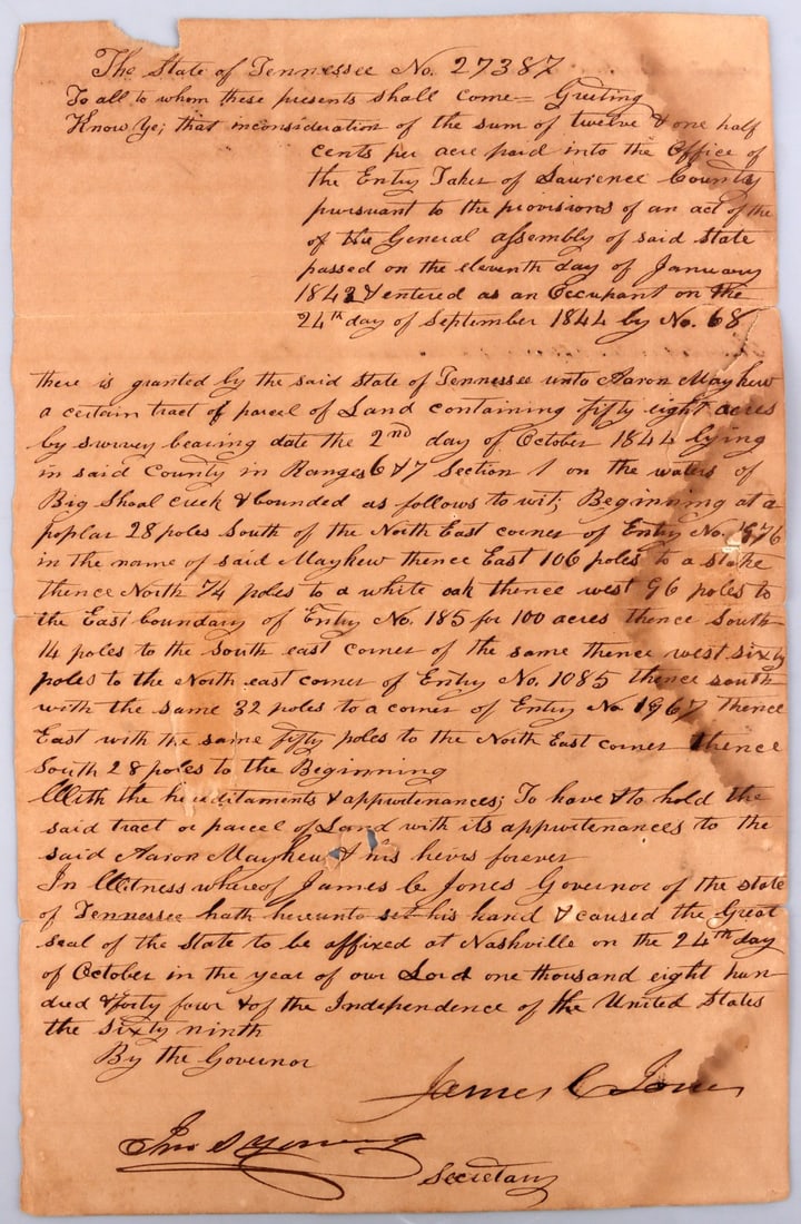 1844 TENNESSEE LAND GRAND SIGNED BY JAMES JONES: Land grant from the state of Tennessee, signed by sitting governor and future senator James Jones, the first native-born Tennessee governor and long-time rival of James K. Polk. Document is dated Octo