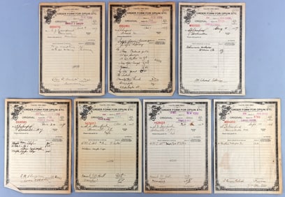 LOT OF 7 ANTIQUE OPIUM PRESCRIPTION ORDER SCRIPTS