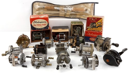 LOT OF 19 VINTAGE FISHING REELS & SPORTFISHER ROD