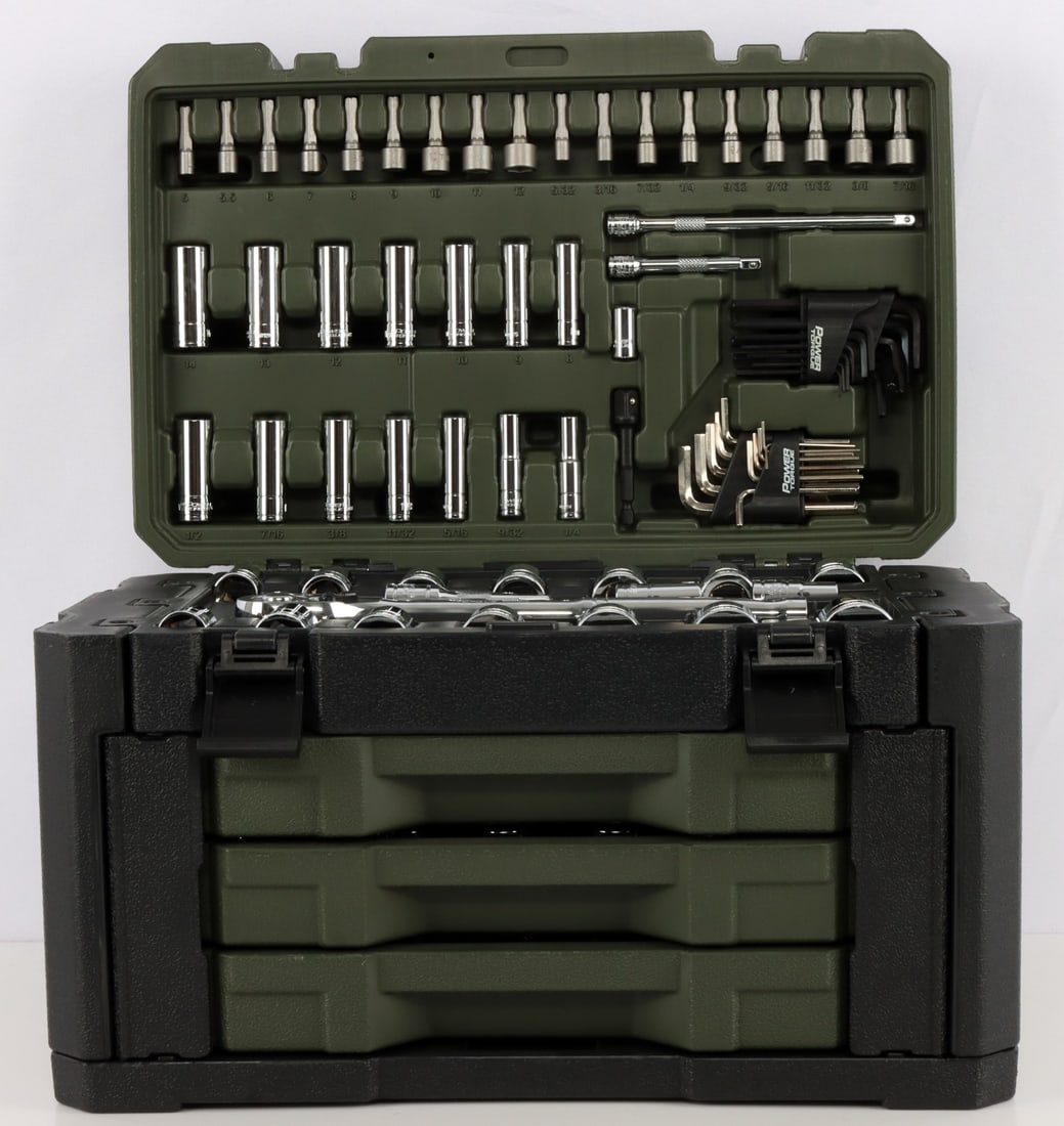 300+ PIECE POWER TORQUE SOCKET SET IN CASE: Nearly 350 piece set of Power Torque chrome sockets and wrenches. Comes in a sturdy forest green / black storage case with flip-up lid and three (3) drawers. Each compartment snaps securely closed for